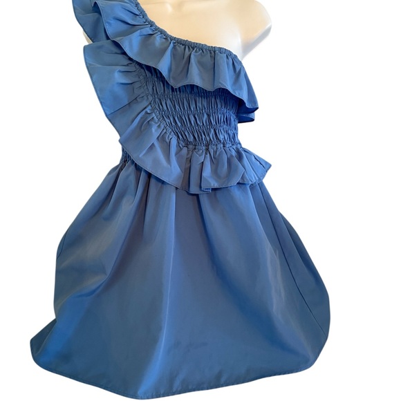 One-Shoulder Ruffled Blue Mini Dress - Picture 1 of 3